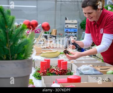 Lindenberg, Germania. 26 novembre 2025. Kathrin Herlein, fiorista di Gärtnerei Heinrich, crea una corona dell'Avvento. Il 30 novembre è il 1° Avvento. Ci sono molte interpretazioni diverse della corona dell'Avvento. Il simbolismo originale è l'aumento della luce come espressione della crescente attesa della nascita di Gesù Cristo. Crediti: Patrick Pleul/dpa/Alamy Live News Foto Stock