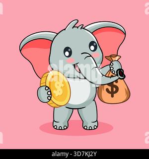 Simpatico Elefante con moneta d'oro e illustrazione vettoriale della borsa Kawaii Illustrazione Vettoriale