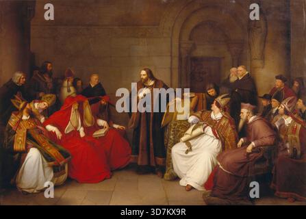 John Huss prima del Concilio di Costanza di Karl Friedrich Lessing Jan Hus (1369 circa – 6 luglio 1415), a volte anglicizzato come John Goose o John Huss, e citato nei testi storici come Iohannes HVS o Johannes Huss, fu un teologo e filosofo ceco che divenne un riformatore della Chiesa e l'ispirazione dell'ussitismo, un predecessore chiave del protestantesimo, e una figura fondamentale nella riforma boema. Hus è considerato il primo riformatore della Chiesa, i suoi insegnamenti hanno avuto una forte influenza, il più immediatamente nell'approvazione di una confessione religiosa boema riformata e, oltre un secolo di latta Foto Stock