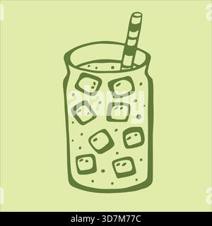 Rinfrescante tè verde matcha servito in un'elegante tazza di vetro con cannuccia, splendidamente presentato su un delicato sfondo verde chiaro. Illustrazione Vettoriale