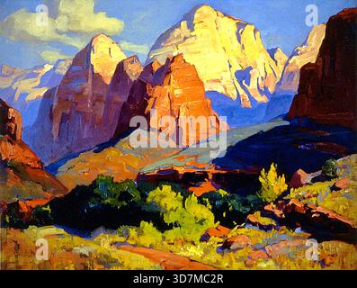 Franz Bischoff (1864-1929) - Zion Park - 1928 - Un artista di spicco noto per i suoi paesaggi vibranti e impressionistici, in particolare della California e del sud-ovest americano. Il dipinto cattura le maestose formazioni di roccia rossa e la drammatica geologia del Parco Nazionale di Zion nello Utah, utilizzando colori intensi e luce per trasmettere la bellezza naturale della zona. Bischoff era un maestro della pittura a colori e plein-air, catturando la scena all'aperto per sperimentare direttamente la luce e l'atmosfera. Foto Stock