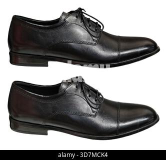 Due nuovissime scarpe eleganti in pelle nera lucida isolate su sfondo bianco, con angoli diversi, un paio di puntali con lacci lucidi per la vista laterale Foto Stock