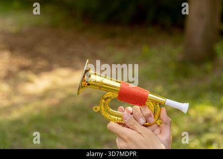 Mani che tengono in mano una tromba rossa giocattolo all'aperto, corno di plastica lucido con finitura oro e boccaglio, fanfa da parata di strumenti musicali per bambini Foto Stock