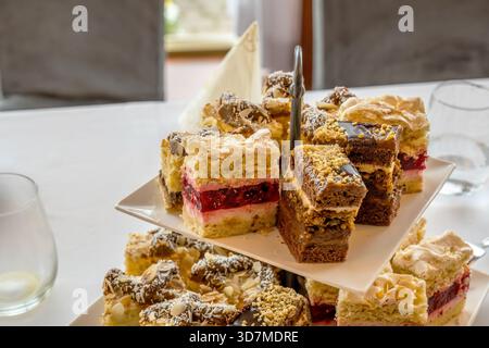 Mini torte assortite su banco dessert a due piani con gelatina di frutta, crema, noci e guarnizioni di cioccolato, elegante esposizione catering per ricevimenti nuziali Foto Stock