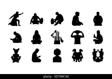Collezione diversificata di sagome umane in varie pose e attività Illustrazione Vettoriale
