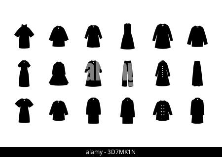Silhouette nere semplici e minimalistiche di abiti, camicie, pantaloni e cappotti Illustrazione Vettoriale
