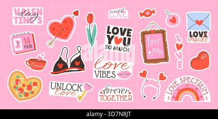 Confezione di adesivi per San Valentino. Elementi isolati. Illustrazione Vettoriale
