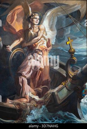Cherasco, Italia - 10-20-2025: Pittura (XIX secolo) di angelo custode che protegge un marinaio. Foto Stock