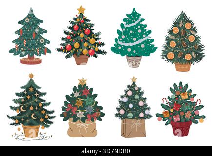Collezione di set vettoriali per alberi di Natale stilizzati Illustrazione Vettoriale