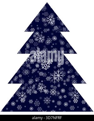 Questa colorata illustrazione vettoriale presenta un albero di Natale con fiocchi di neve su sfondo scuro Illustrazione Vettoriale
