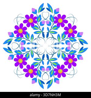 Elemento di design caleidoscopio quadrato di fiori. Luminoso ornamento floreale folcloristico. Mandala quadrata diagonale di fiori viola blu su sfondo bianco Illustrazione Vettoriale