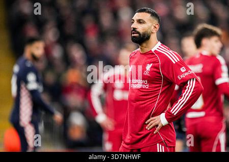 LIVERPOOL, INGHILTERRA - NOVEMBRE 26: Mohamed Salah del Liverpool sembra sfigurato durante la fase MD5 della UEFA Champions League 2025/26 tra Liverpool FC e PSV Eindhoven ad Anfield il 26 novembre 2025 a Liverpool, Inghilterra. (Foto di Rene Nijhuis) Foto Stock