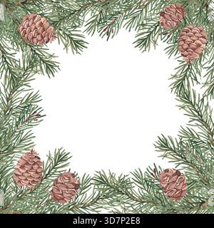 Rami di abete con coni cornice quadrata, bordo. Illustrazione ad acquerello disegnata a mano del pino. Perfetto per il design di Natale e Capodanno, per l'inverno Foto Stock