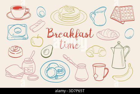Ora della colazione: Doodle Set. Schizzi disegnati a mano di caffè, pancake, omelette, croissant e waffle. Icone del cibo e del caffè in stile gesso. Profilo Illustrazione Vettoriale