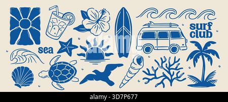 Set di adesivi tropicali audaci. Icone disegnate a mano di tavole da surf, tartarughe, camper, onde marine, palme, cocktail e tramonto. Vettore piatto Illustrazione Vettoriale