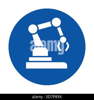 Questa immagine presenta una semplice icona del braccio robot industriale su sfondo blu. Simboleggia l'automazione e la tecnologia avanzata nella produzione Illustrazione Vettoriale