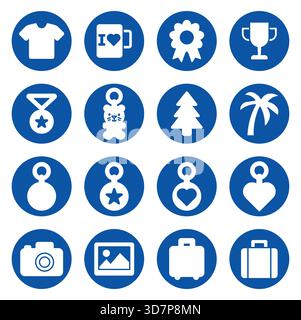 Collezione di icone circolari blu che rappresentano vari oggetti e simboli. Questi design minimalisti sono perfetti per progetti creativi o per l'arte digitale Illustrazione Vettoriale
