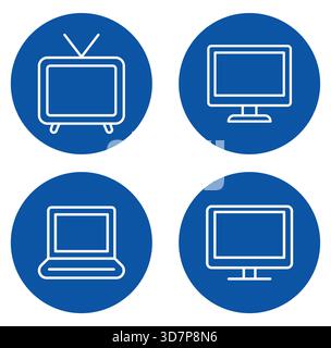 Questa collezione presenta quattro eleganti icone raffiguranti diversi tipi di schermi, tra cui un televisore vintage, un monitor moderno, un laptop e un display piatto Illustrazione Vettoriale