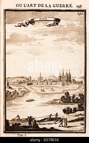 Incisione dal lavoro di Marte, o l'arte della guerra, di Alain Manesson Mallet (1630-1706), con piani geometrici per la fortificazione di roccaforti militari olandesi, città e città Foto Stock