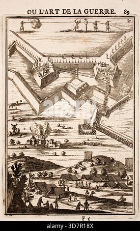 Incisione dal lavoro di Marte, o l'arte della guerra, di Alain Manesson Mallet (1630-1706), con piani geometrici per la fortificazione di roccaforti militari olandesi, città e città Foto Stock