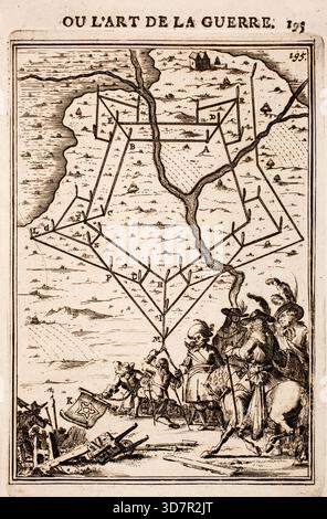 Incisione dal lavoro di Marte, o l'arte della guerra, di Alain Manesson Mallet (1630-1706), con piani geometrici per la fortificazione di roccaforti militari olandesi, città e città Foto Stock