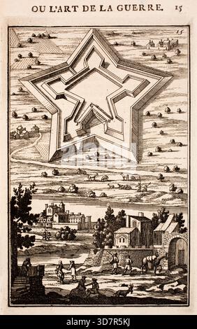 Incisione dal lavoro di Marte, o l'arte della guerra, di Alain Manesson Mallet (1630-1706), con piani geometrici per la fortificazione di roccaforti militari olandesi, città e città Foto Stock
