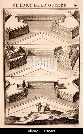 Incisione dal lavoro di Marte, o l'arte della guerra, di Alain Manesson Mallet (1630-1706), con piani geometrici per la fortificazione di roccaforti militari olandesi, città e città Foto Stock