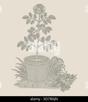 Fiore di rosa in vaso, illustrazione vettoriale in stile incisione vintage Illustrazione Vettoriale