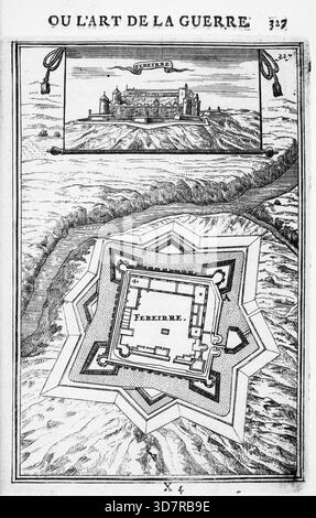 Incisione dal lavoro di Marte, o l'arte della guerra, di Alain Manesson Mallet (1630-1706), con piani geometrici per la fortificazione di roccaforti militari olandesi, città e città Foto Stock
