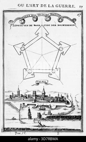 Incisione dal lavoro di Marte, o l'arte della guerra, di Alain Manesson Mallet (1630-1706), con piani geometrici per la fortificazione di roccaforti militari olandesi, città e città Foto Stock