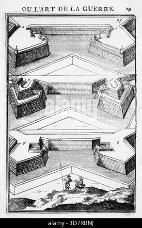 Incisione dal lavoro di Marte, o l'arte della guerra, di Alain Manesson Mallet (1630-1706), con piani geometrici per la fortificazione di roccaforti militari olandesi, città e città Foto Stock