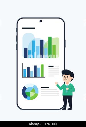 Un'illustrazione vettoriale dal design piatto moderno che illustra l'analisi dei dati mobili, la presentazione aziendale e il reporting finanziario. Illustrazione Vettoriale