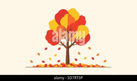 Un affascinante disegno vettoriale piatto che raffigura un albero autunnale o autunnale. L'albero stilizzato presenta fogliame a strati in colori caldi Illustrazione Vettoriale