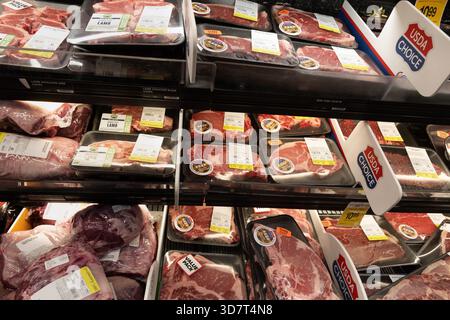 Tagli di manzo e agnello confezionati nella sezione di carne del supermercato Foto Stock