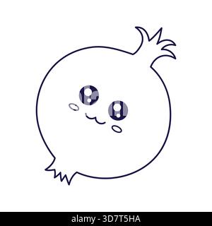 Carino personaggio di Kawaii Pomegranate. Illustrazione per bambini con disegni vettoriali disegnati a mano. Melograno in stile doodle. Libro da colorare per bambini Illustrazione Vettoriale
