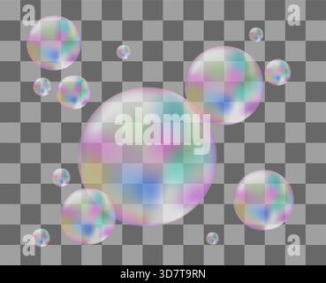 Bolle di sapone olografico 3D. Bolle d'aria realistiche su sfondo trasparente. Bolle di sapone volanti, illustrazione vettoriale. Illustrazione Vettoriale