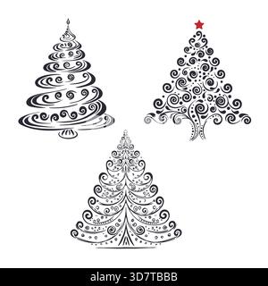 Set decorativo di alberi di Natale disegnati a mano Illustrazione Vettoriale