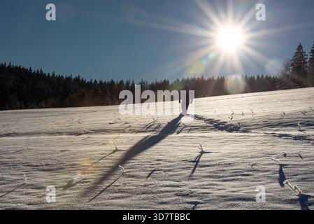 Uomo che cammina nella neve profonda all'alba sulle montagne della Foresta Nera Foto Stock