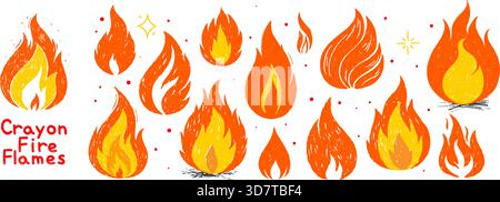 Fuoco del pastello incendiato. Collezione di fiamma disegnata a mano con trama di gesso. Illustrazione vettoriale per il design di adesivi, grafici e collage Illustrazione Vettoriale
