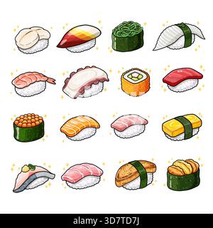 Carino set di illustrazioni vettoriali disegnate a mano di sushi e panini giapponesi scintillanti. Colori vivaci, stile manga. Perfetto per le icone del cibo, gli adesivi o il menu Illustrazione Vettoriale