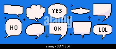 Serie di bolle vocali pixel. chat box a 8 bit, divertenti cornici di dialogo e palloncini di messaggi retrò Illustrazione Vettoriale