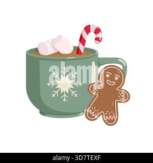 Tazza verde con fiocchi di neve ripiena di cioccolata calda, ricoperta di marshmallow e canna da zucchero. Biscotto uomo di pan di zenzero pendente con glassa bianca Illustrazione Vettoriale