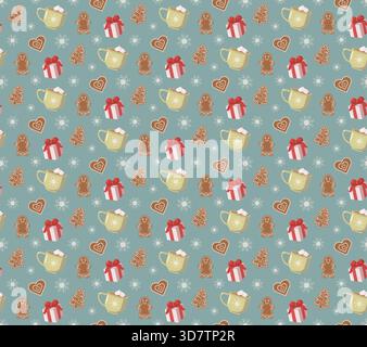 Perfetto schema natalizio con tazze gialle di cioccolata calda, confezioni regalo, biscotti al pan di zenzero, cuori, fiocchi di neve Illustrazione Vettoriale