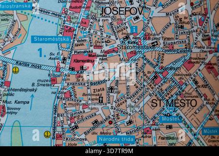 Città vecchia e città nuova di Praga in un piano cittadino Foto Stock