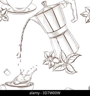 Caffetteria con geyser in metallo e un flusso di caffè caldo aromatico con foglie di menta e fiori di vaniglia, tazza di caffè Illustrazione Vettoriale