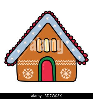 Casa di pan di zenzero disegnata a mano. Icona dei biscotti per dessert natalizi a forma di casa. Illustrazione Vettoriale