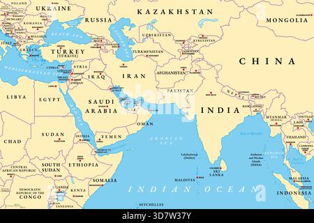 Asia occidentale e Asia meridionale, mappa politica con i paesi, i loro confini internazionali e le loro capitali. Foto Stock