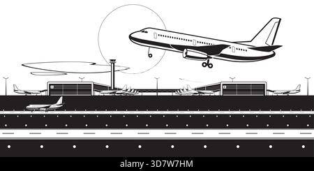 Aereo atterrante davanti ai terminal aeroportuali – illustrazione vettoriale Illustrazione Vettoriale