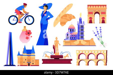 Simboli e punti di riferimento francesi - oggetti dal design piatto Illustrazione Vettoriale