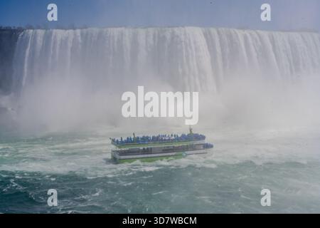 Il tour in barca Maid of the Mist si avvicina alla base delle Horseshoe Falls alle Cascate del Niagara, dove la nebbia sorge dalla potente cascata. Visitatori in blu r Foto Stock